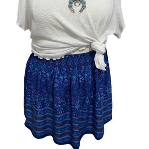 Artisan NY Blue/Purple‎ Floral Print Shirred Elasticized Waistline Mini Skirt-XL